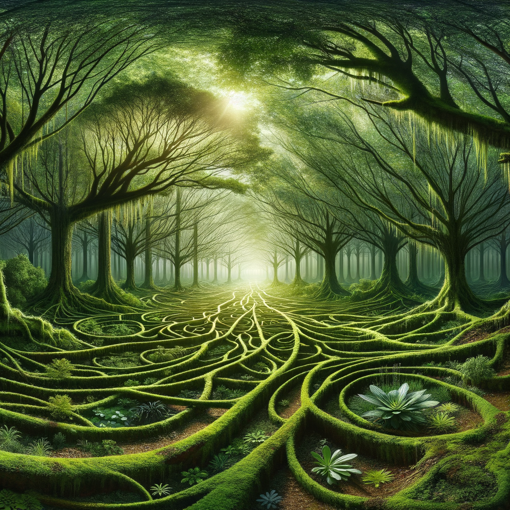 A serene, intricate network of interconnected pathways in a lush, vibrant forest symbolizing the mind's complexity.
