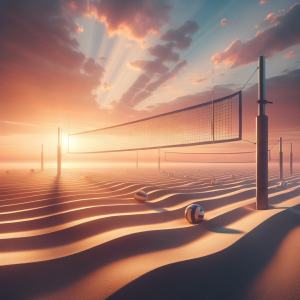 Volleyball court illuminated by warm morning light, symbolizing a fresh start and new potential in sports performance.