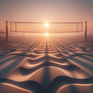 An empty volleyball court lit by the first light of sunrise symbolizing new beginnings and opportunities.