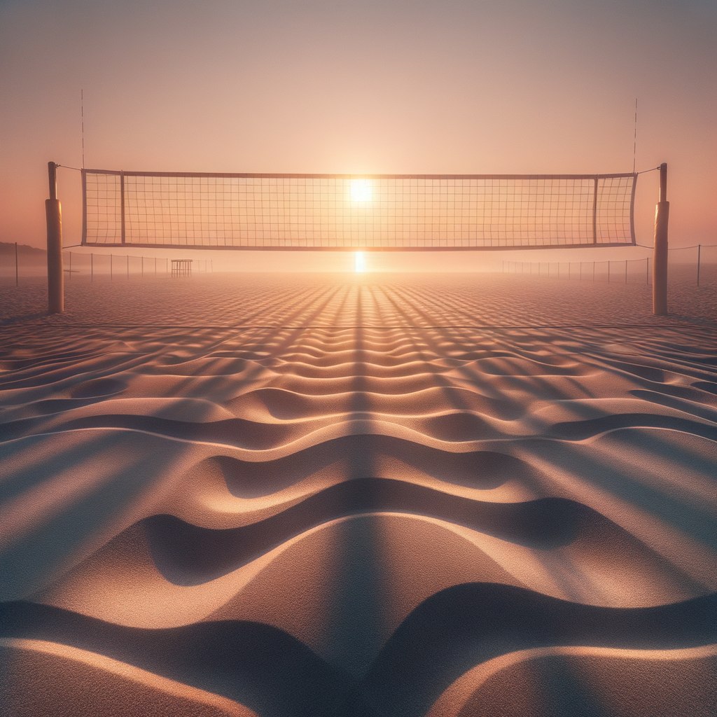 An empty volleyball court lit by the first light of sunrise symbolizing new beginnings and opportunities.