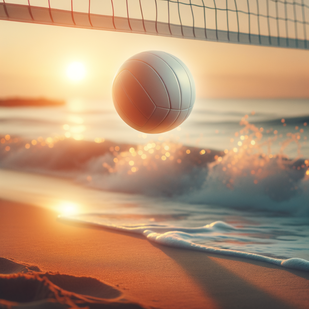Close-up of a volleyball sailing over a net with waves softly crashing in the background, symbolizing flowing confidence.